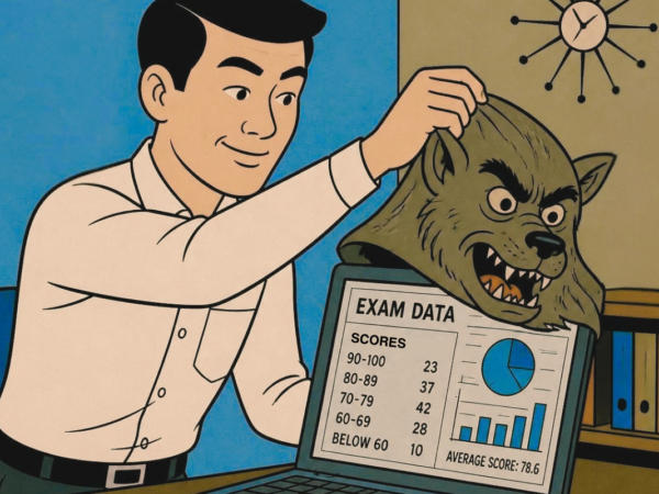 A cartoon style graphic depicts a psychometrician unmasking his laptop to reveal important credentialing exam information, illustrating how data can be disguised.