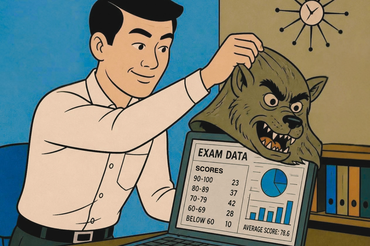 A cartoon style graphic depicts a psychometrician unmasking his laptop to reveal important credentialing exam information, illustrating how data can be disguised.